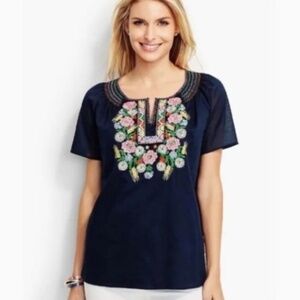 TALBOTS WOMENS NAVY BLUE FLORAL EMBROIDERED SHORT SLEEVE YOKE TOP LARGE PETITE